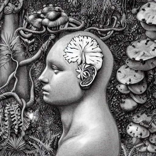 Image similar to botanical sketch of The thinker sculpture with a mechanical/cybernetic head, mushrooms and peyote at the base, surrounded by a lush jungle and vines, high detail, b&w,