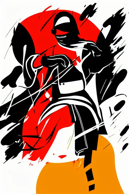 Image similar to a vector based illustration about a gangster ninja the style of pop art, negative space is mandatory, no gradients, black ink on white background, smooth curves, vector spline curve style