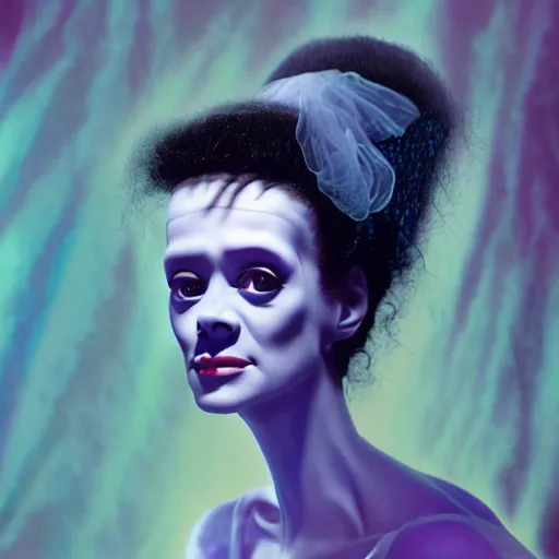 Prompt: a realistic detailed studio portrait photo of a the bride of frankenstein, vaporwave