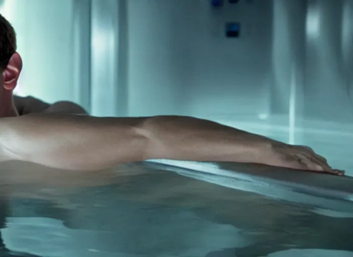 Prompt: film still of mark zuckerberg floating in a tank of milky fluid as a precog in minority report movie, 8 k