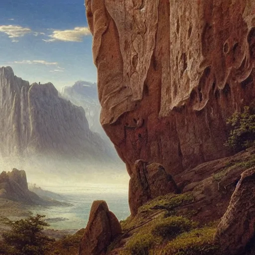 Image similar to a beautiful and highly detailed matte painting of an epic mountain range, ancient runes carved into the cliff face, intricate details, epic scale, insanely complex, 8 k, sharp focus, hyperrealism, very realistic, by caspar friedrich, james gurney, albert bierstadt,