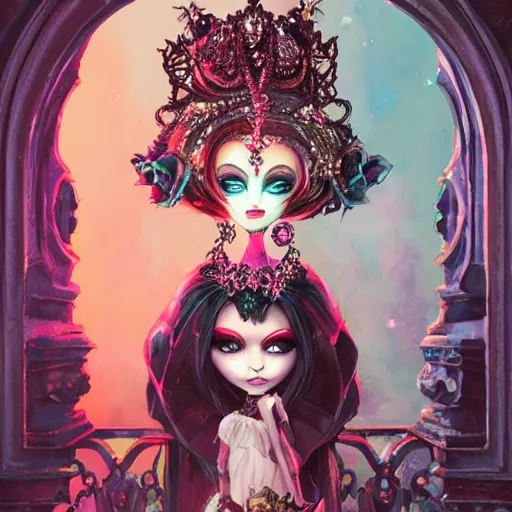 Prompt: baroque bedazzled gothic royalty frames surrounding a watercolor portrait of monster high draculaura doll, stephen bliss, unreal engine, by greg rutkowski, loish, rhads, makoto shinkai and lois van baarle, ilya kuvshinov, rossdraws, global illumination, radiant light, detailed and intricate environment, watercolor lighting