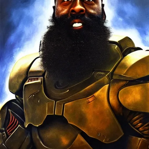 Prompt: ultra realistic portrait painting of james harden as master chief, art by frank frazetta, 4 k, ultra realistic, highly detailed, epic lighting