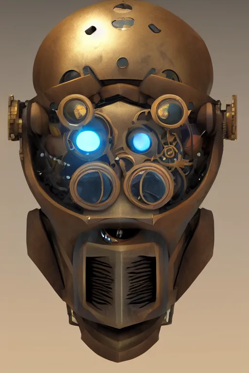 Image similar to steampunk mask minimalist fantasy art robot ninja helmet, global illumination ray tracing hdr fanart arstation by sung choi and eric pfeiffer and gabriel garza and casper konefal radiating a glowing aura