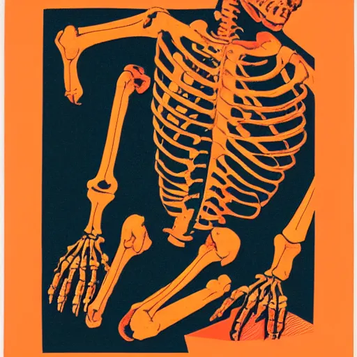 Image similar to vivid risograph of one skeleton on orange background