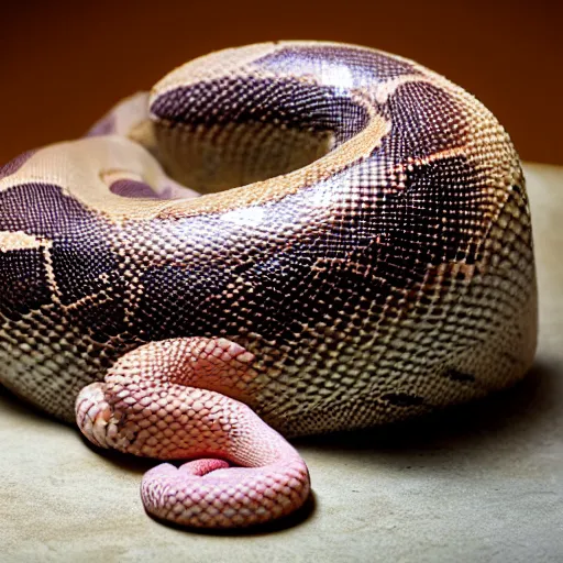 Prompt: a pink striped boa snake curled up on an ice cream cone, boa ice cream