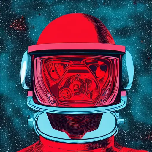 Prompt: retro space explorer portraits. red astronaut suit. josan gonzalez