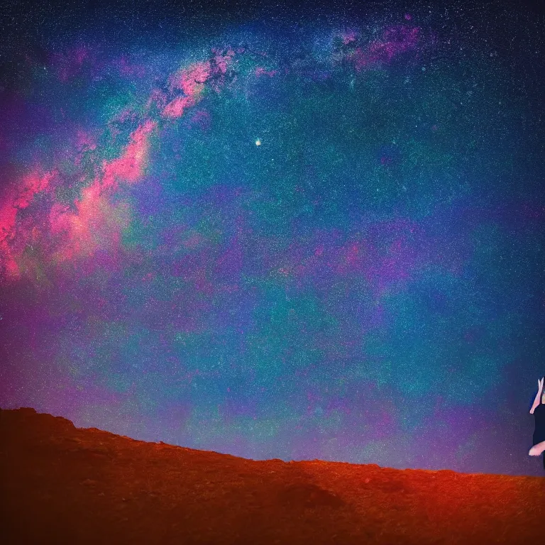 Image similar to a beautiful landscape of a starry sky with an woman waving to the horizon, cinematic, dramatic, color grading, photojournalism, colorful, highly detailed