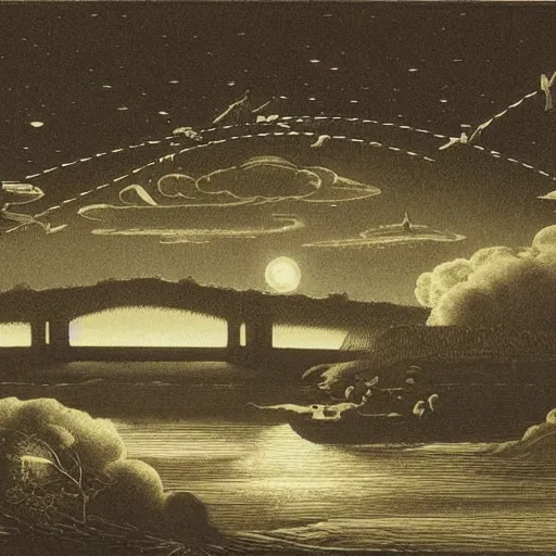 Image similar to The print shows a group of flying islands, each with its own unique landscape, floating in the night sky. The islands are connected by a network of bridges, and a small group of people can be seen walking along one of the bridges. by Franklin Booth artificial, melancholic