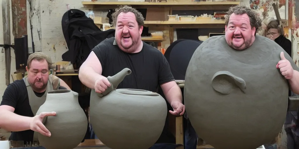 Image similar to johnny vegas making a very large clay teapot, art school, studio, wet clay, photorealistic, stand up comedy