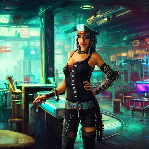 Image similar to a high quality portrait of a beautiful stunning pirate in a cyberpunk cyberpunk cyberpunk cafe, realism, 8k, award winning photo