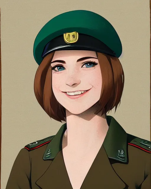 Image similar to portrait of young woman with light brown hair and hazel eyes dressed in a sharp dark teal military uniform with beret, smiling, ilya kuvshinov, anime