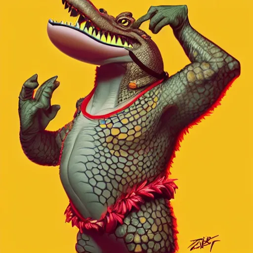 Image similar to in the style of artgerm, loish and ross tran, anthropomorphic alligator, red scales on his back, yellow scale on his belly and chest, male, waring a hawaiian shirt, in the style of zootopia