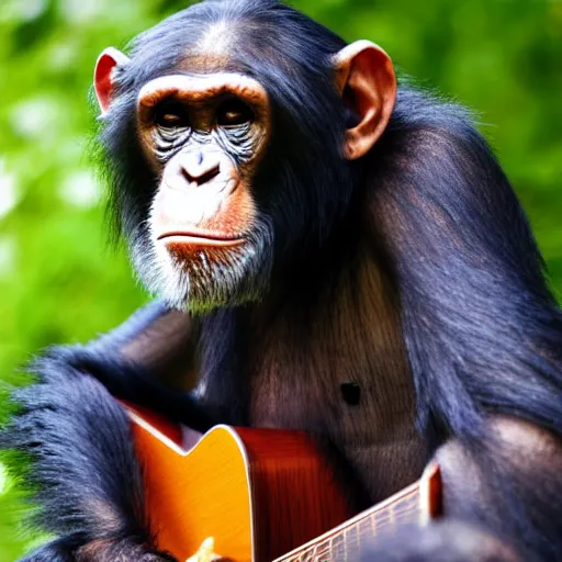 Prompt: chimpanzee with long brown human hair, long face, playing acoustic guitar