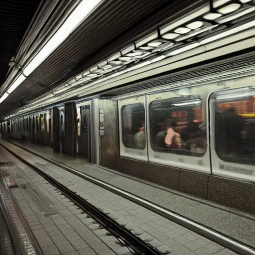 Image similar to a subway ride in tokyo at night, hyper realistic, very detailed, cinematic