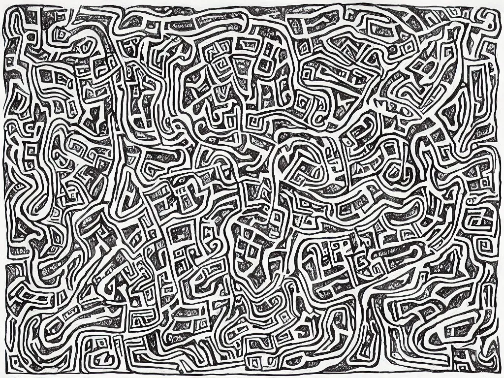 Image similar to Cave map full of old runic glyphs, Ink drawing, fine point pen, Deven Rue