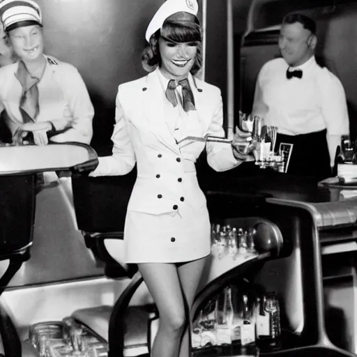 Prompt: Photo of bikini clad flight attendant serving drinks down the aisle, black and white