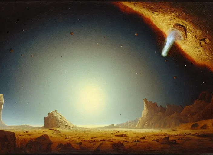 Image similar to earth during the cretaceous – paleogene extinction event, just as the asteroid is colliding with earth, focus is on the asteroid itself in the style of hudson river school of art, oil on canvas