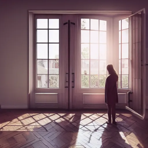 Image similar to person in pyjamas standing near window, sun rays, daylight, big french door window, big spatious room, 2 4 mm, wooden floor, modern, pastel palette, winter sun, photorealistic, high ceiling, watercolor painting