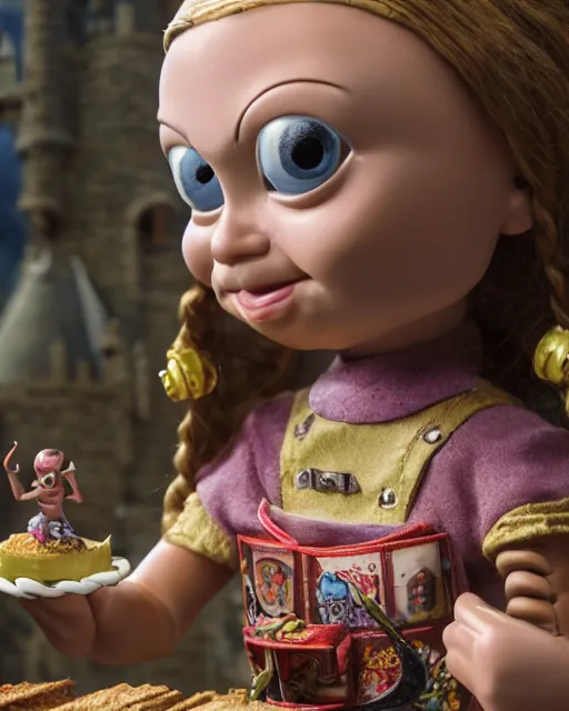 Image similar to highly detailed closeup, face profile portrait of a tin toy greta thunberg as a medieval goblin eating cakes in a castle, bikini, depth of field, nicoletta ceccoli, mark ryden, lostfish, dan decarlo, bob clampett, max fleischer, detailed and intricate environment, 8 k resolution, hyperrealistic, octane render