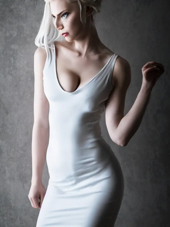 Image similar to studio photo of gorgeous seductive emily skinner cosplaying annie leonhart wearing tight white dress, beautiful face, pale skin, rule of thirds, cinematic lighting, sharp focus, backlit, stunning, smooth, hard focus, full body shot