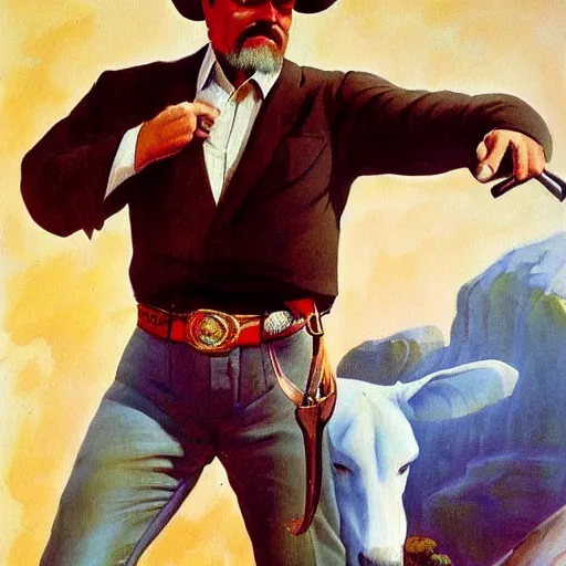 Prompt: Vladimir Lenin as heroic cowboy, painting by Boris Vallejo