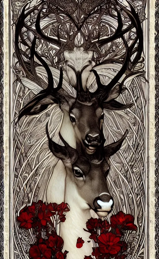 Prompt: black and white deer, with highly detailed with red flowers, long flowing mane and tail, ultra high detail, symmetry, in a hellscape, detail art style of alfons maria mucha, and peter mohrbacher atyles god lighting