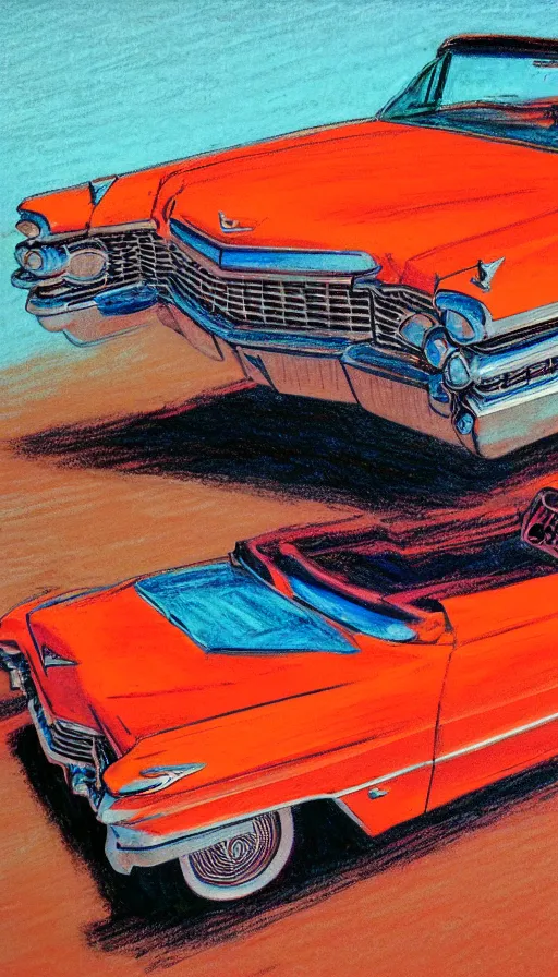 Image similar to far away, top down shot, 1 9 6 3 cadillac convertible driving down empty highway into a bright orange sunrise, oil pastel, high detail, realistic, vintage, sepia