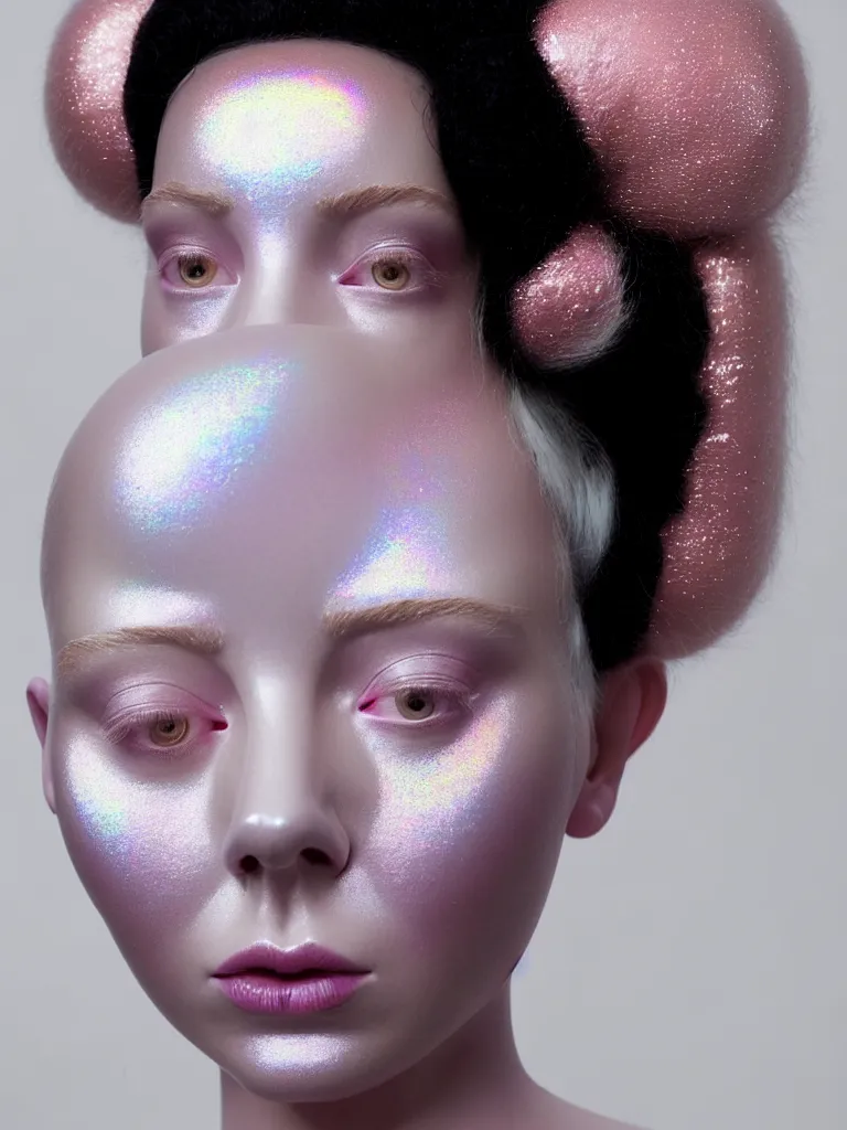 Image similar to portrait of a ethereal goddess wearing a big pearl studded iridescent beauty mask and pink hair buns, wearing a black bodysuit by alexander mcqueen, cream white background, soft diffused light, biotechnology, humanoid robot, perfectly symmetric, bjork aesthetic, translucent, by rineke dijkstra, intricate details, highly detailed, masterpiece,