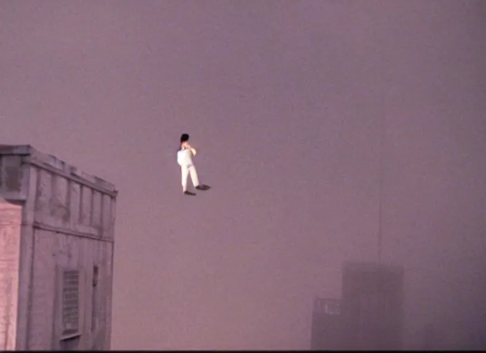Prompt: a still from a color 1 9 8 5 film with a man floating 1 0 feet above the ground at night with a single raised arm, rear shot