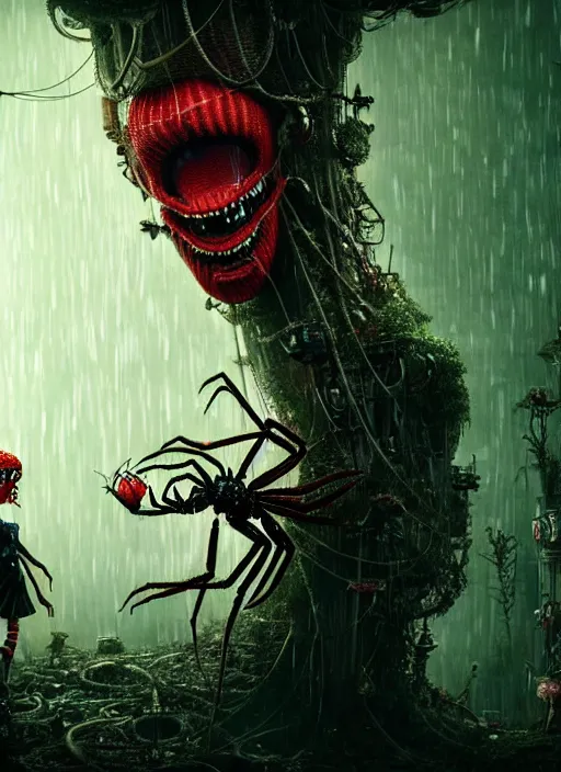 Prompt: intricate Waldo from Where's Waldo, being eaten by a spider, on the background of a weird magical mechanical forest. Very detailed 8k. Fantasy cyberpunk horror. Sharp. Cinematic post-processing