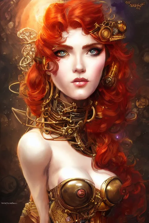 Prompt: three-quarters pose portrait of sensual Lady Mechanika, very beautiful young woman, ginger wavy hair, Intricate details, , D&D!, fantasy style, sharp focus!, ultra detailed, art by Artgerm and Peter Andrew Jones, WLUP, steampunk themed.