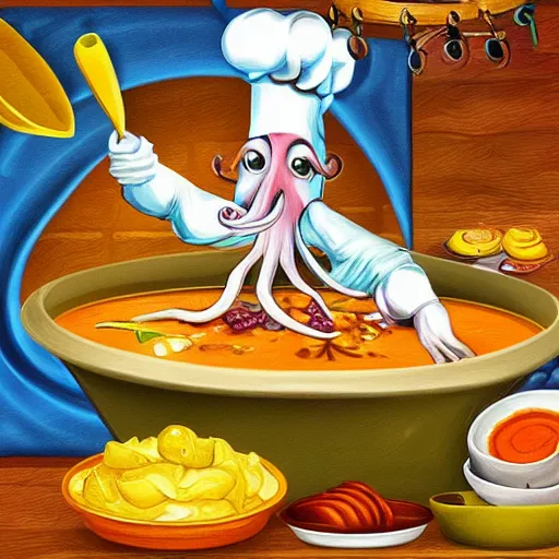 Image similar to occult anthropomorphic octopus chef cooking a delicious colorful soup, digital paintingl