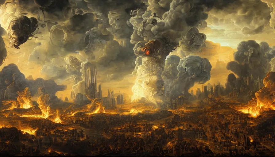 Image similar to 1 6 8 7's baroque painting of alien invasion on earth, destruction, fire and ashes, smoke columns, destroyed cities, day or night, hyperdetailed, artstation, cgsociety, 8 k