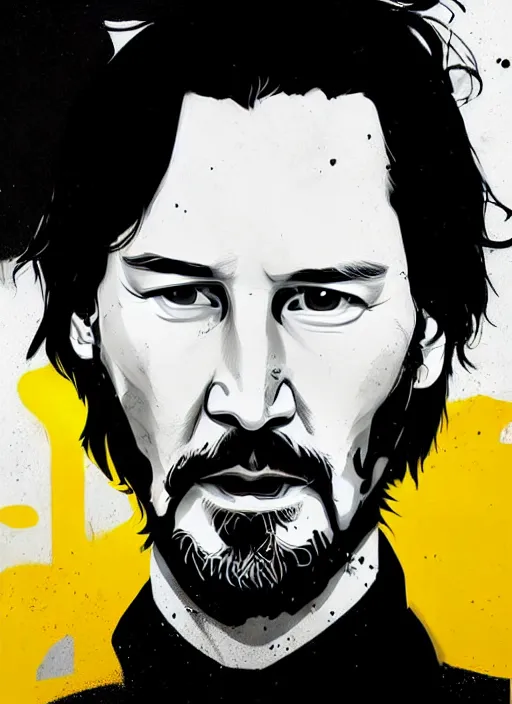 Image similar to highly detailed closeup portrait of cool keanu reeves, wavy hair, jhonny depp, black suit by atey ghailan, by greg rutkowski, by greg tocchini, by james gilleard, by joe fenton, by kaethe butcher, gradient yellow, black and white color scheme, grunge aesthetic!!! ( ( graffiti tag wall background ) )