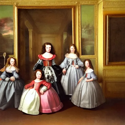 Prompt: family portrait in the main room of the castle painted in 1 6 5 6, dark room, one point of light coming through the window inspired by las meninas, spaces between subjects and good detail and realistic face form for each person in the canva, inspired by diego velasquez better quiality