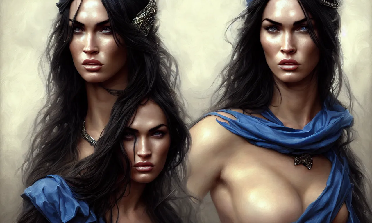 Prompt: ! dream portrait of megan fox blindfolded, muscular upper body, collar, greek, jewelry, blue dress, fantasy, intricate, elegant, highly detailed, digital painting, artstation, concept art, matte, sharp focus, illustration, art by aenaluck and roberto ferri and greg rutkowski, epic fantasy, digital painting