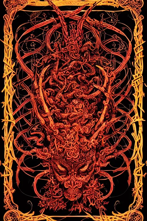 Image similar to photograph of the devil wrapped in vines + black paper + elements + red + gold + neon + baroque + rococo + white + orange+ ink + tarot card with ornate border frame + marc Simonetti, paul pope, peter mohrbacher, detailed, intricate ink illustration, global illumination, 8k resolution, satanic, dripping colors, occult symbols hidden, RPG portrait, dynamic lighting