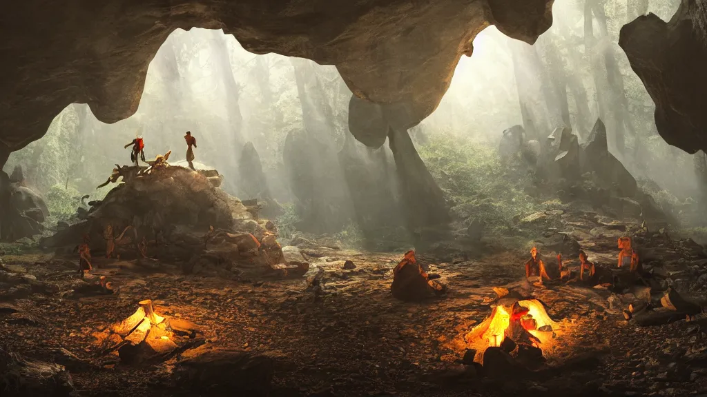 Image similar to A goblin camp inside a cave, campfire, cinematic lighting, photorealistic, hyperdetailed 3D matte painting, hyperrealism, hyperrealistic, 8k ultraHD octane render