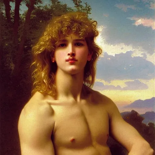 Image similar to PORTRAIT Painting of a blond male Venus Apollo. LONG CURLY blond hair. Sharp angular face high cheekbones hooked nose. Art by william adolphe bouguereau. During golden hour. Extremely detailed. Beautiful. 4K. Award winning.