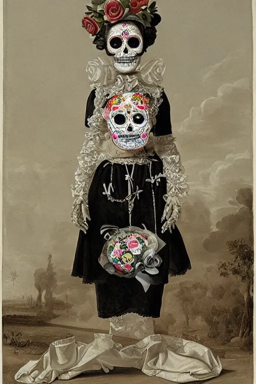 Image similar to Illustration of a sugar skull day of the dead girl, art by pieter claesz