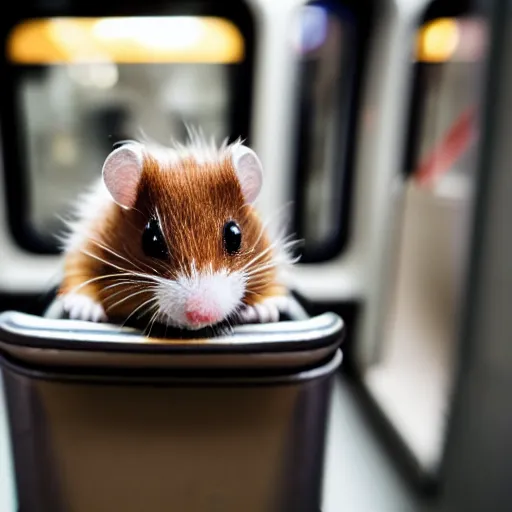 Image similar to photo of a metro train interior, a tiny hamster is sitting on a seat, various poses, unedited, soft light, sharp focus, 8 k