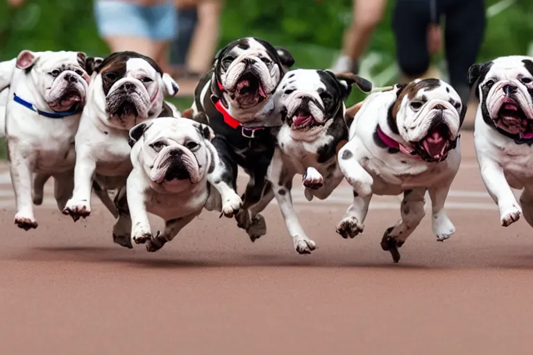 Image similar to bulldogs that are running in a race to cross a finish line