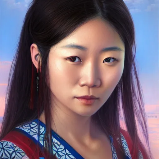 Image similar to portrait of a young okinawan woman ( 3 5 ) from okinawa, japan in 2 0 2 1, an oil painting by ross tran and thomas kincade