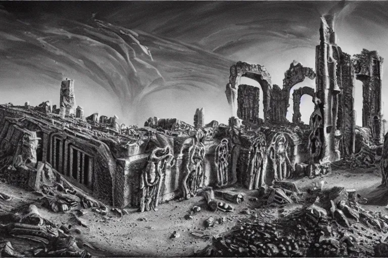 Image similar to opening a portal in the ruins of a familiar city, on mars, in the 4 0 th millenia, by hr giger