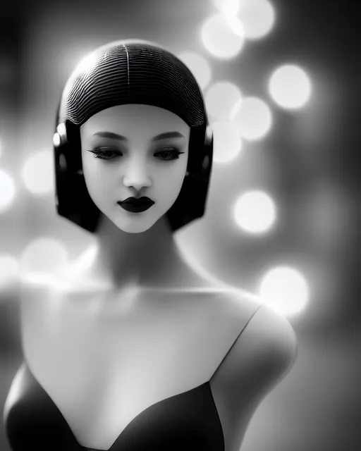 Image similar to black and white dreamy young beautiful female artificial intelligence, cinematic, rim light, bokeh, photo - realistic, elegant, high detail, 8 k, masterpiece, photo taken in 1 9 3 0