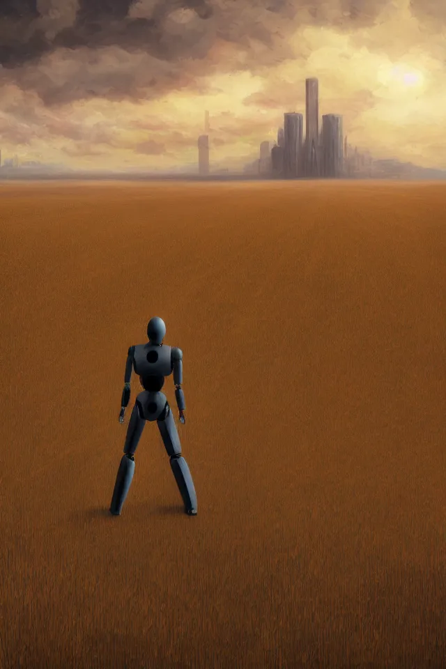 Prompt: concept art of the back view of a humanoid robot on the ground, vast wheat fields, many distant big tall buildings, by Noah Bradley, godrays, atmospheric, cinematic, distant world, wide angle, detailed