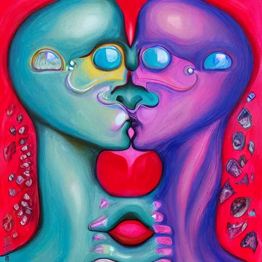 Image similar to expressive painting by francesca sundsten of two bizarre psychedelic femme creatures kissing each other closeup. they are growing out of an alien landscape. speculative evolution, exobiology