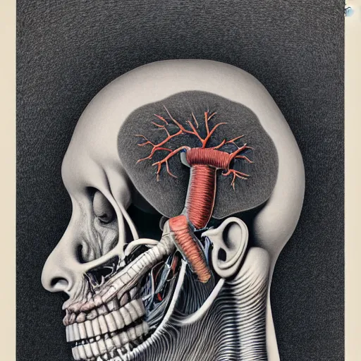 Image similar to surreal lung head anatomical atlas dissection center cut, lithography on paper conceptual figurative ( post - morden ) monumental dynamic soft shadow portrait drawn by hogarth and escher, inspired by goya, illusion surreal art, highly conceptual figurative art, intricate detailed illustration, controversial poster art, polish poster art, geometrical drawings, no blur