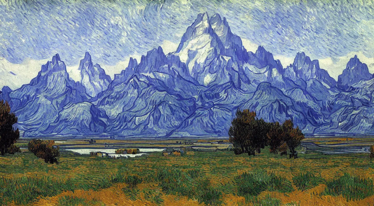 Prompt: A painting of the grand tetons by vincent van gogh